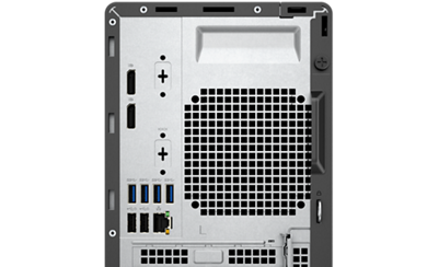 放大的戴尔 OptiPlex 5000 塔式台式机背面端口和详细信息图片。白色背景。